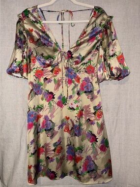 Topshop Multicolor Floral Satin Dress - Cream Base with Green & Purple Accents